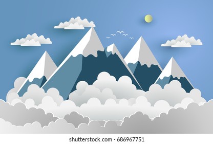 vector illustration of snow. cloud and mountain. paper art