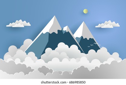 vector illustration of snow. cloud and mountain in summer. paper art