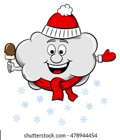vector illustration of a snow cloud with scarf and hat