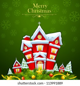 vector illustration of snow covered decorated house for Merry Christmas