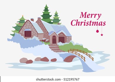 vector illustration of snow covered decorated house for Merry Christmas