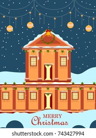 vector illustration of Snow covered decorated house for Merry Christmas holiday festival greeting background