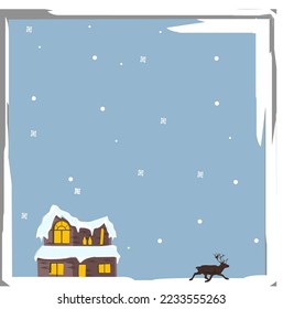 Vector illustration of a snow covered landscape with snowy house reindeer during winter 