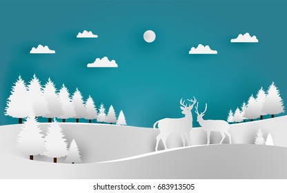 Vector Illustration Of Snow. Deer In Snow Hill Paper Art. Paper Art Style