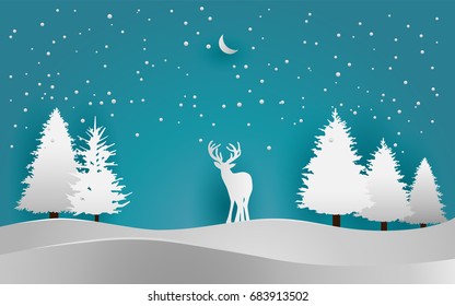 vector illustration of snow. deer in winter forest. paper art style
