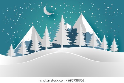 vector illustration of the snow forest with beautiful sky. pines in winter and mountain. Merry christmas, paper art and craft.