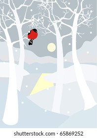 vector illustration - snow forest and bird