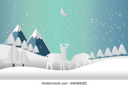 vector illustration of the snow forest and the deer