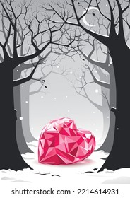 vector illustration of a snow forest with a red crystal heart