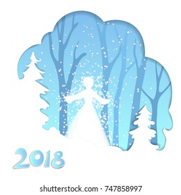 Vector illustration of a snow girl, was dissolved in a blizzard in winter forest.