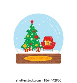 Vector illustration of snow globe with christmas tree, armchair and gifts. Glass ball with holiday related interior in flat linear style. Merry and magical winter atmosphere. Design element isolated