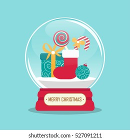 vector illustration of snow globe with christmas decorations inside. EPS