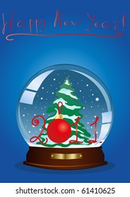 Vector illustration of a snow globe with a Christmas tree and the year number against blue background