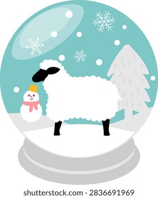 Vector illustration of a snow globe containing a sheep and a snowman.