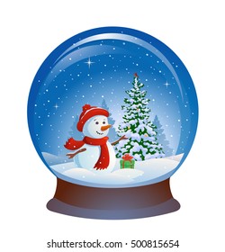 Vector illustration of a snow globe with a cute snowman and a Christmas tree, isolated on a white background