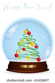 Vector illustration of a snow globe with a decorated Christmas tree and the inscription above