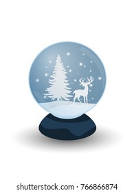 Vector illustration of snow globe with deer and christmas tree inside isolated on white background. for Xmas, New year and winter holidays.