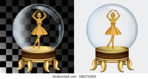 Vector illustration. Snow globe with glitter and Golden ballerina figurines, souvenir decorative on transparent and white background, isolated, gold jewellery on bent coasters.