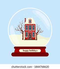 Vektorgrafik der Schneekugel mit Happy Holiday Inschrift. Geräumige Symbole des neuen Jahres und Weihnachten. Vektorgrafik