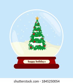 ilustración vectorial del globo de nieve con inscripción de vacaciones felices. Símbolos de Año Nuevo y navidad. Ilustración vectorial