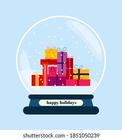 ilustración vectorial del globo de nieve con inscripción de vacaciones felices. Gran pila de coloridos embalajes de cajas de regalo. Diseño plano. Símbolos de Año Nuevo y navidad. 