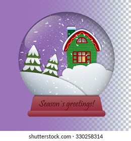 Vector illustration of snow globe with a little house and christmas trees (fir-trees). New Year's ball with snowflakes. Fully transparent ball, for any background