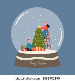 Vector illustration of a snow globe. Merry christmas glass ball.