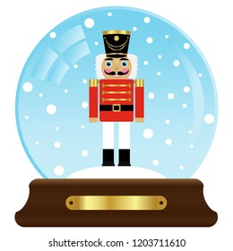 Vector illustration of a snow globe with a red nutcracker