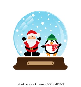 Vector illustration of a snow globe with Santa Claus and penguin