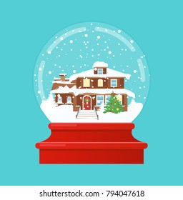 Vector illustration of snow globe with a small house and fir-tree under the snow. Merry christmas, New Year gift in flat style.