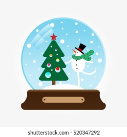 Vector illustration of a snow globe with snowman and christmas tree