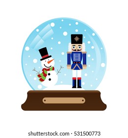 Vector illustration of a snow globe with snowman and nutcracker