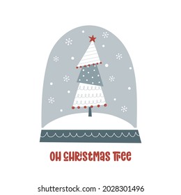 Vector illustration of snow globe with whimsical Christmas tree.