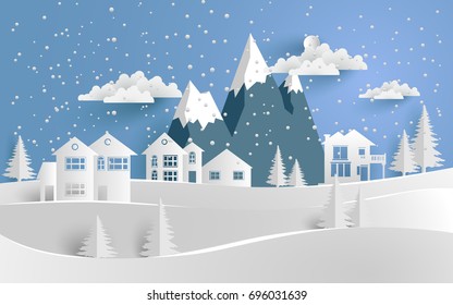 vector illustration of snow. The house in winter is covered with snow. Beautiful snow hill. paper art design