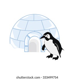 Vector illustration snow or ice house igloo and penguin. House made from ice blocks