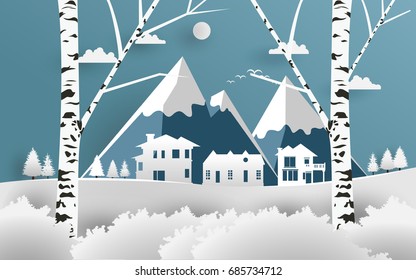 vector illustration of snow. landscape snow hill with house and bush. paper art