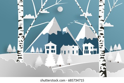 vector illustration of snow. landscape snow hill with house. paper art