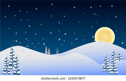 Vector illustration. Snow landscape. Snowy background. Snowdrifts. Snowfall. Dark blue sky. Cartoon wallpaper. Winter season. Trees and snow mountains. Design for website, poster, banner
