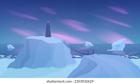Vector illustration.  Snow landscape, winter landscape.  Northern lights and ice.  The lighthouse and the sea.  Horizon and icebergs.  Background, wallpaper.  The nature of cold.