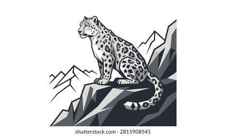 Vector illustration of a snow leopard standing on a rocky mountain isolated on white background