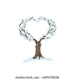 Vector illustration of snow love-tree in winter on a white background.