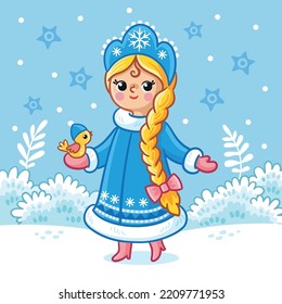 Vector illustration with Snow Maiden and a bird in the snow. Christmas card in cartoon style on a New Year theme.