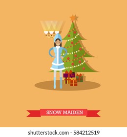 Vector illustration of Snow Maiden standing near decorated New Year tree with gifts. Cartoon character. Happy New Year design element in flat style.