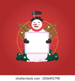 Vector illustration, snow man holding blank paper for greeting or invitation card in christmast day background