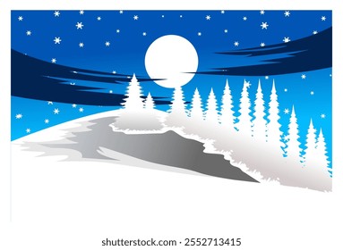 vector illustration of snow mountain scenery background with blue sky and moon above, complete with snowflakes and pine trees, suitable for backgrounds, wall decorations, Christmas themes.