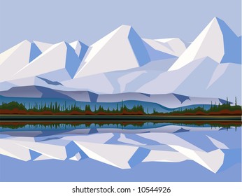 vector illustration - snow mountain tops. by the lake