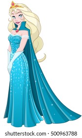 Vector illustration of a snow princess queen in blue dress and cape.