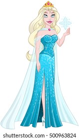 Vector illustration of a snow princess queen in blue dress holding a snowflake.