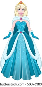 Vector illustration of a snow princess queen in blue dress and cloak.