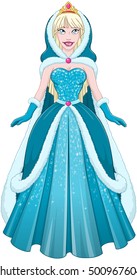 Vector illustration of a snow princess queen in blue dress cloak and hood.
